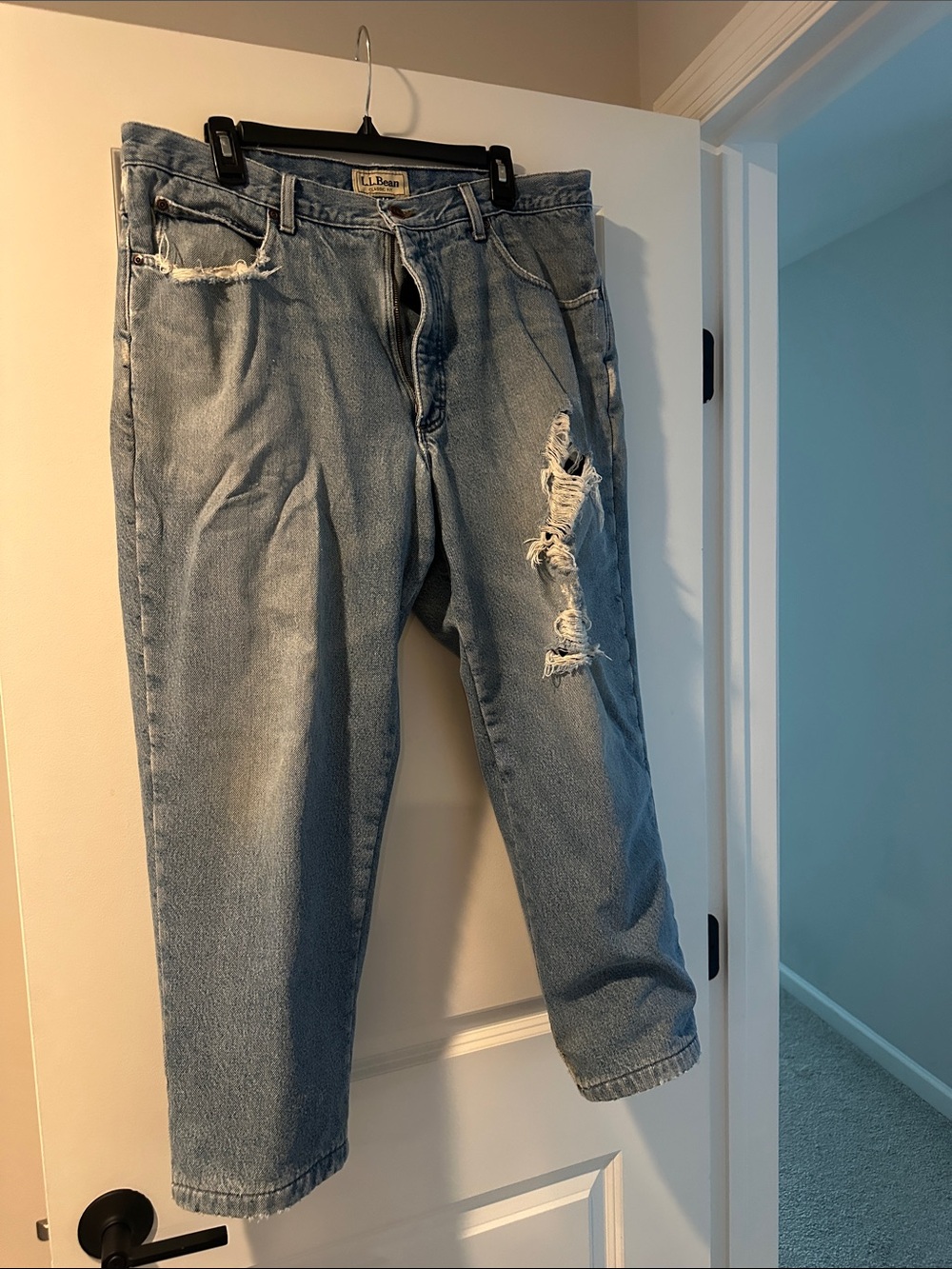 L.L. Bean Men's Light Blue Classic Fit Distressed Jeans. Fleece lined